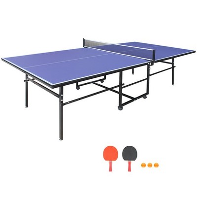 Blue Foldable Mid-Size Ping Pong Table Set with Net, Paddles & Balls