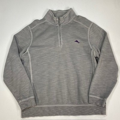 Tommy Bahama Mens Quarter Zip Pullover Sweater Gray Slub Knit Marlin Logo L