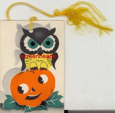 ANTIQUE BRIDGE TALLY PLACE CARD ''HALLOWEEN OWL & JOL'' Gibson Art Co. CINCINNATI