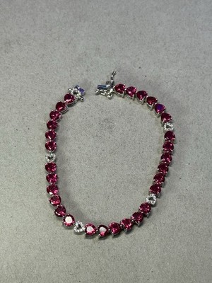 EMA 925 Lab Created Ruby And White Sapphire Hearts Bracelet Tennis 7.25'' 12g