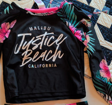Justice Malibu Beach Girls Rash Guard Swim Set XS 5/6 Black Floral Long Sleeve