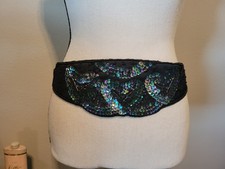 80s Womens Black Satin Belt/Cumberbund, Blk Bead  Bluegreen Sequin Hearts, M/L