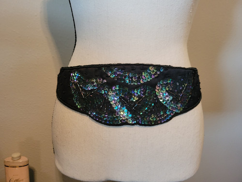 80s Womens Black Satin Belt/Cumberbund, Blk Bead & Bluegreen Sequin Hearts, M/L - Picture 1 of 11