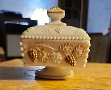 Westmoreland Paneled Grape Milk Glass Covered Candy Dish With Gold Trim