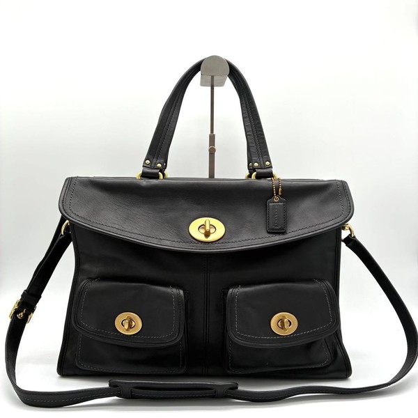 COACH Hampton Legacy Satchel Bag Black Leather 2-Way Pre-Owned Used