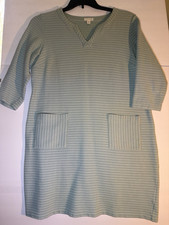 J. Jill M Light Green White Striped Knit Shift Dress V-Neck 3/4 Sleeve Pockets