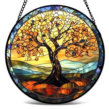 Stained Glass Window Hanging -Golden Tree Sunset Landscape Design, Suncatcher...