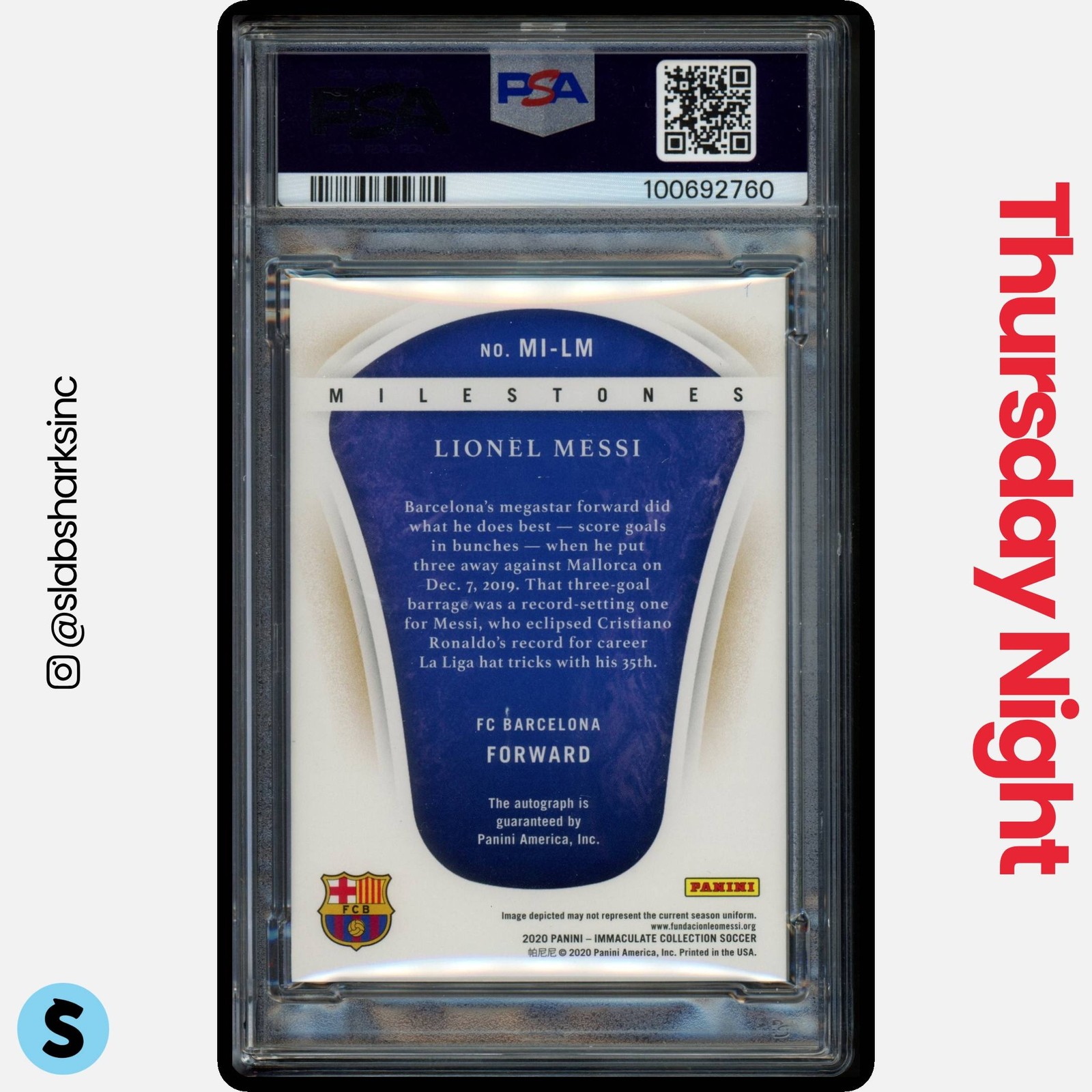 2020 PANINI IMMACULATE COLLECTION #MI-LM LIONEL MESSI MILESTONES AUTO /10 PSA 10 view 2