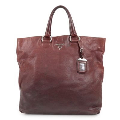PRADA Triangle Logo Gradation Leather Tote Bag Hand Bag Bordeaux Auth Used F/S