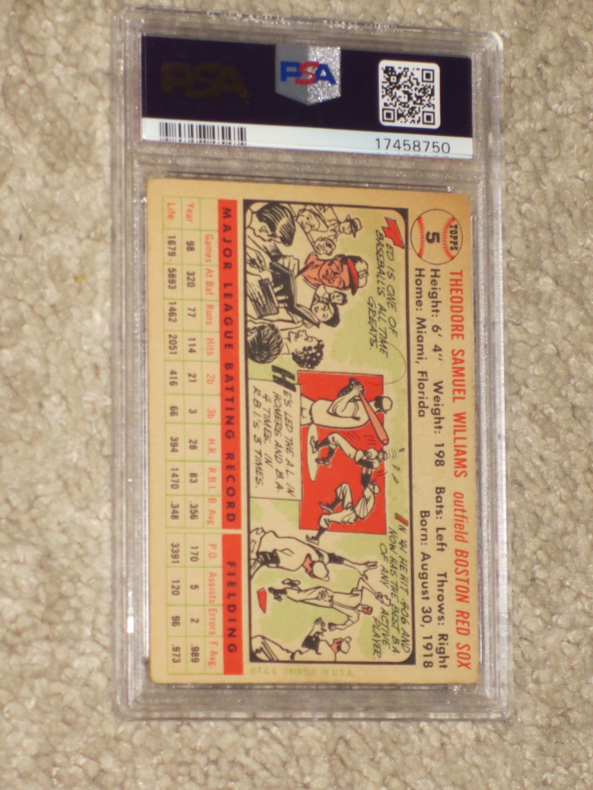 Ted Williams 1956 Topps ICONIC Vintage Card #5 Boston Red Sox PSA 3 view 2