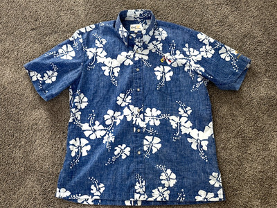 Reyn Spooner 50th State Heathered Navy Flower Camp Shirt Print Mens Medium EUC