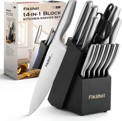 Kitchen Knife Set, FIKSHOT Premium Stainless Steel Block Set, Razor-Sharp