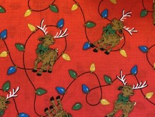 VIP Cranston Cotton Fabric Reindeer Christmas Lights On Red Green 3-2/3 Yards