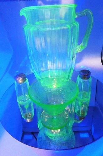 #870 lot of four vaseline uranium depression glass pitcher salt pepper sherbert