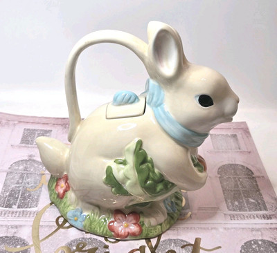 Bunny & Flowers Decorative Teapot Easter Spring Decor 7'' Mesa International READ