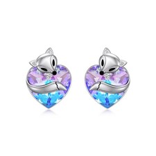 925 Sterling Silver Cute Fox Studs Earrings with Heart Crystal from Austria, ...