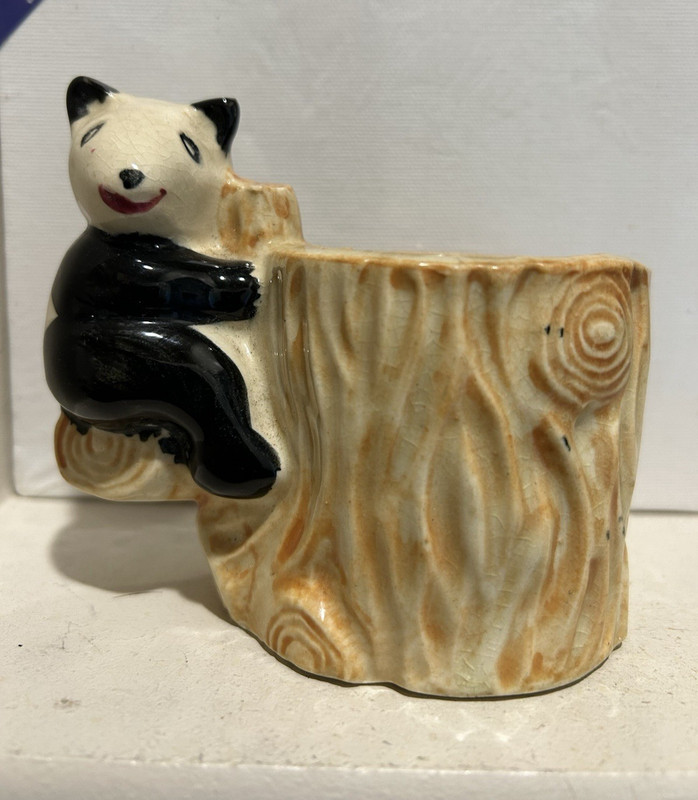Vintage Ceramic Cup With Panda Bear Log Planter 2” Tall & 2.5” Diameter Japan