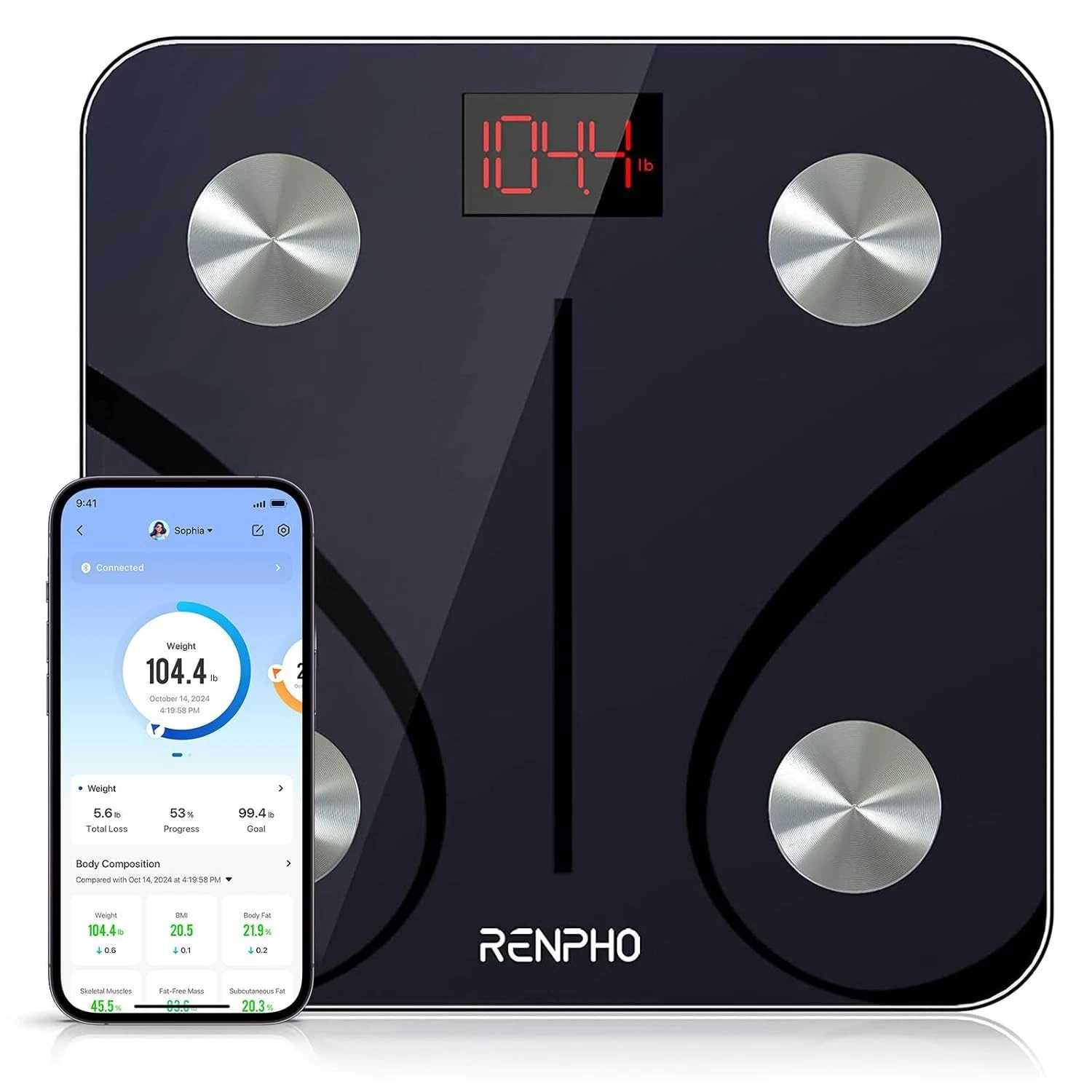 RENPHO Bluetooth Body Fat Scale, Digital Weight Scale 10.2/260mm, Grey-Black