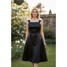NWT Jessica Mclintock Black Satin w/Bow Fit and Flare Midi Dress Cocktail 3