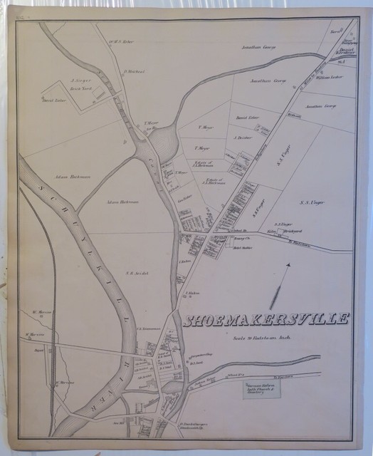 ORIGINAL 1876 Map,SHOEMAKERSVILLE,Berks County,PA,MAP,RIVER,CANAL