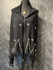 Black Cover Up Shawl Wrap Throw With Natural Sea Shells Fringe Boho 