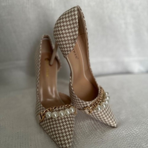 Big Tree(NEW), women’s classy beige and white houndstooth shoe, size 10 - Picture 2 of 10