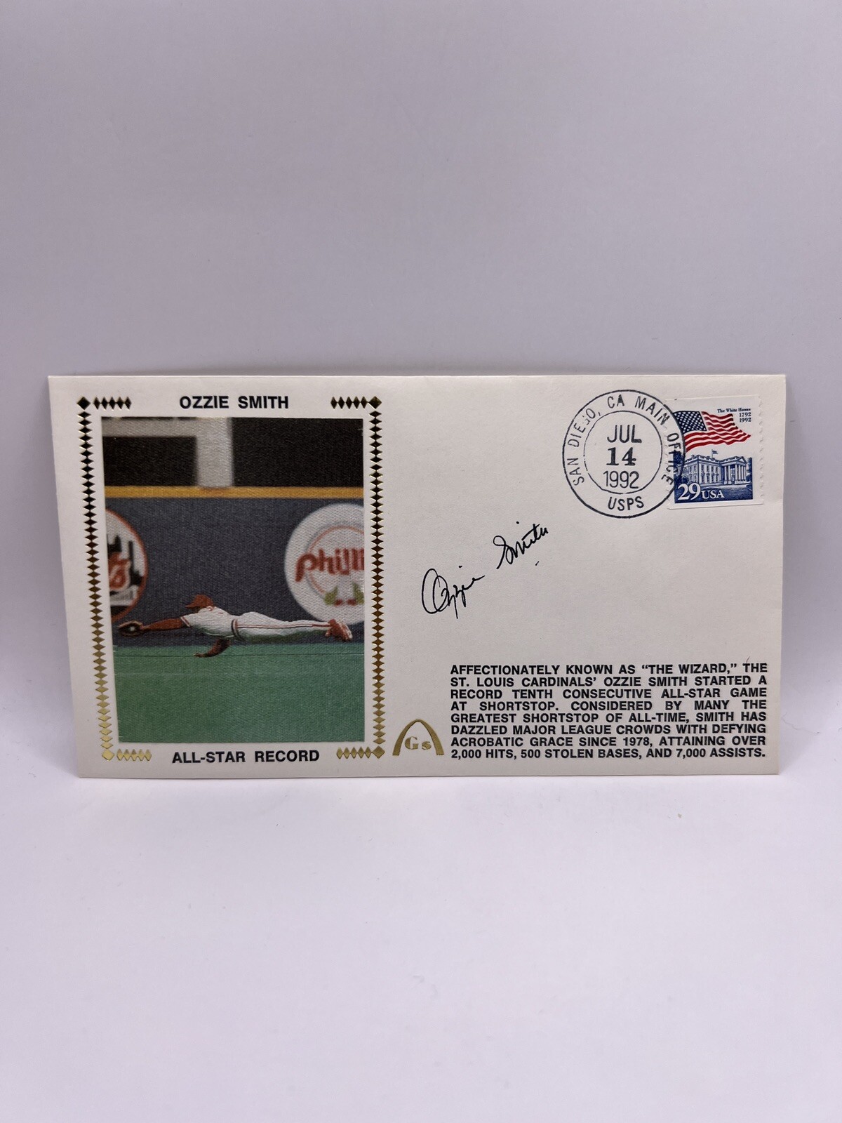 Ozzie Smith Autographed Signed 1992 First Day Cover FDC Envelope Cachet Beckett L2 