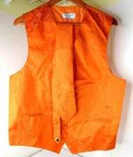 Vesuvio Napoli Italy Orange Vest + Tie Paisley Formal Suit Bright Size Large