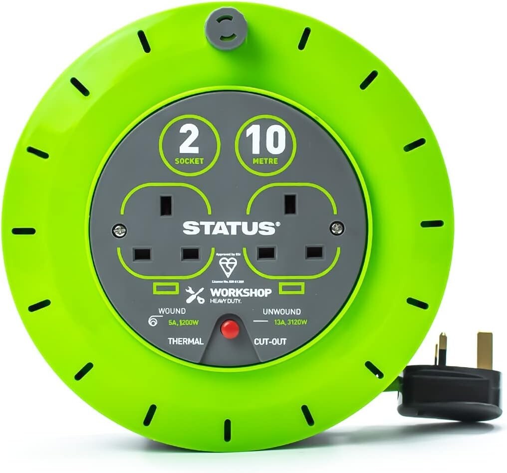 STATUS 10M 2 SOCKET  LEAD CASSETTE REEL 13 AMP DURABLE GREEN THERMAL CUT OUT