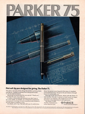 Parker 75 Pen Blueprint 1973 Vintage Color Calligraphy Print Ad