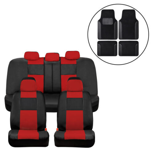 Red PU Leather Car Seat Covers Full Set with Black Floor Mats