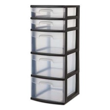 Plastic 5-Drawer Tower, Black with Clear Draw...