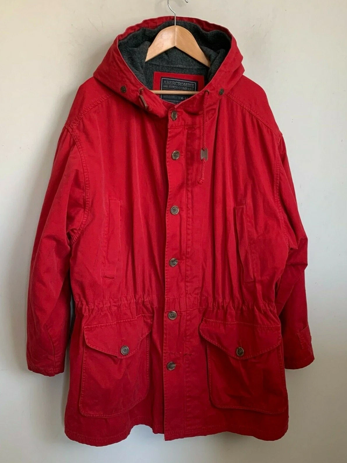 Abercrombie & Fitch Parka Jacket Red Hood Zip Button Pockets Detach Lining Sz XL
