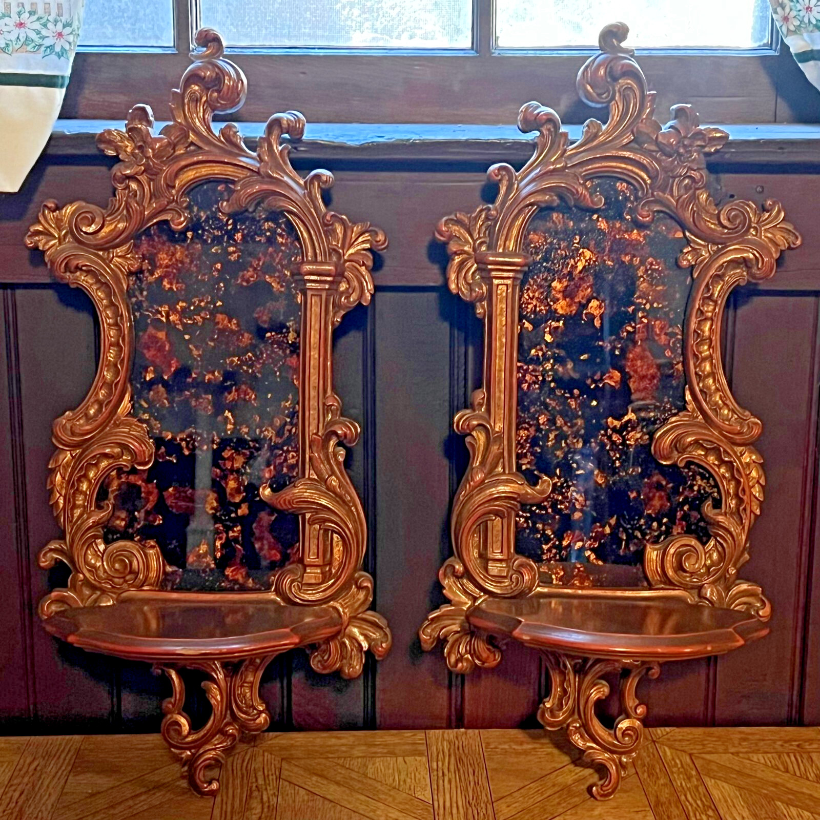 Vintage Pair of Wooden Foiled Mirrored Sconce Shelves   Excellent Condition! 21"