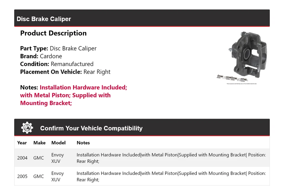 For 2004-2005 GMC Envoy XUV Disc Brake Caliper Rear Right Cardone - Image 2 of 4