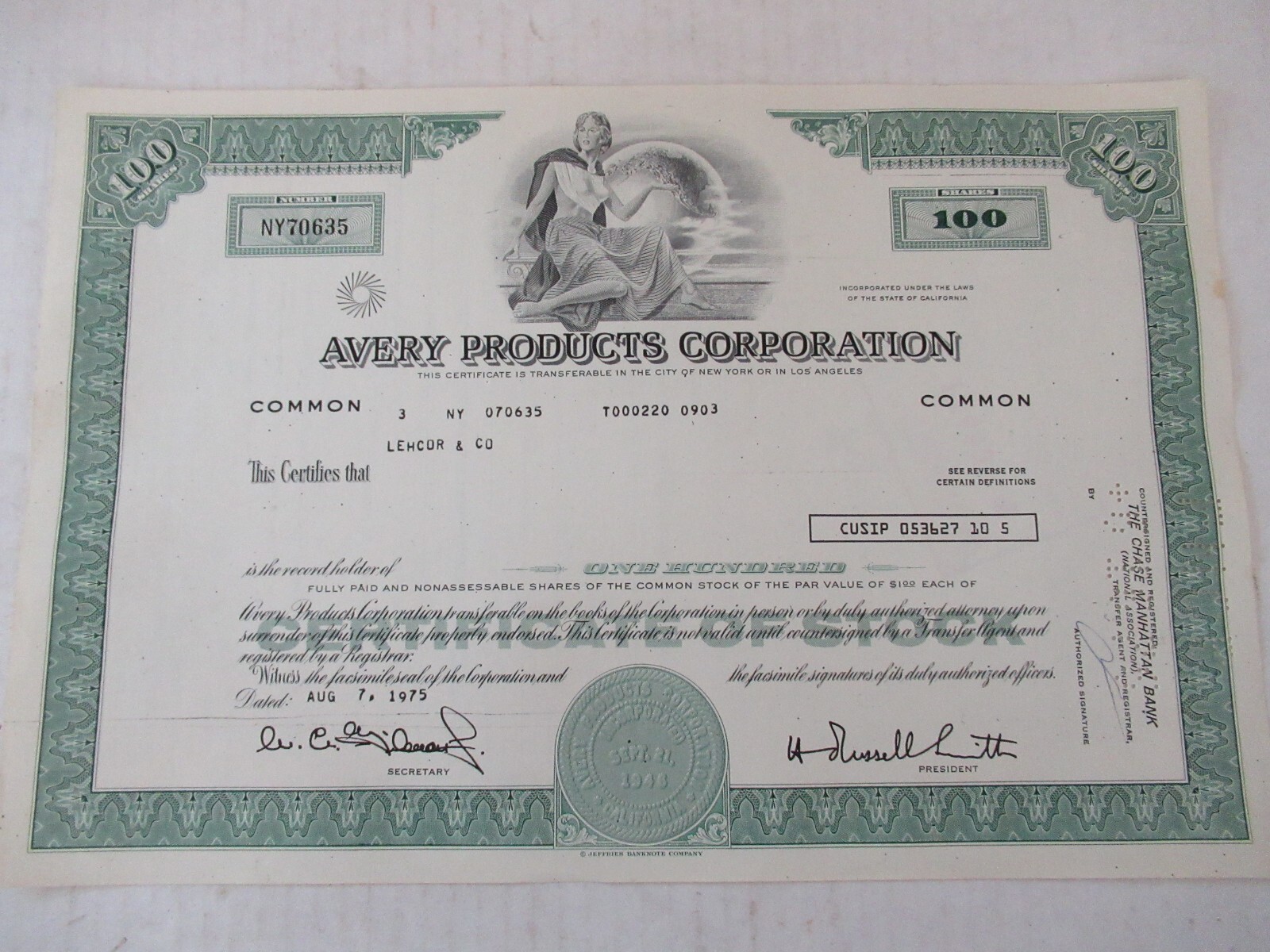Avery Products Corporation Common Stock Certificate