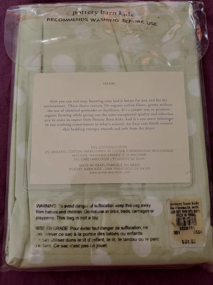 NUEVA Funda de Almohada Estándar Pottery Barn Kids VERDE a Lunares FUNDA  Foto 2 de 3
