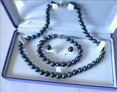Natürlich 7-8mm Schwarz Süßwasser Perle Halskette Armband Ohrringe Schmuck Set