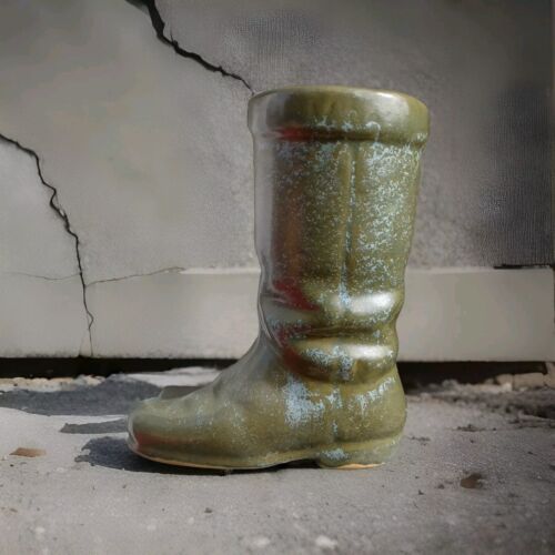 Vintage Frankoma Pottery Style Cowboy Boot Vase, Wall Pocket Green, Blue