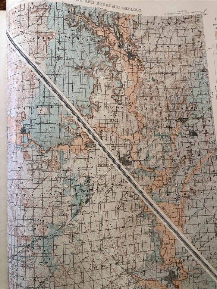 Mapas folio antiguos de 1908 del Atlas Geológico de Estados Unidos Independencia Kansas Foto 4 de 4