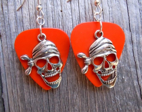 Skull with Bandanna Charm Guitar Pick Earrings with Surgical Steel Earwires - Picture 2 of 12