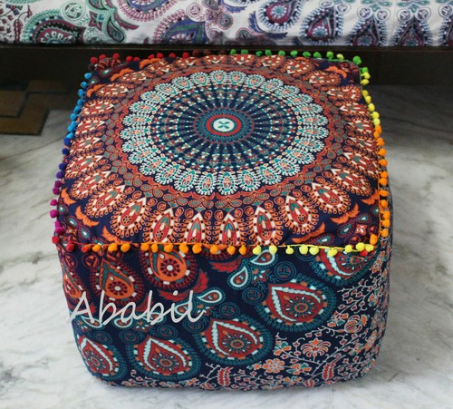 22" Square Ottoman 18" Pouf Cover Indian Multi Mandala Indian 20" Footstool Case - Picture 14 of 19
