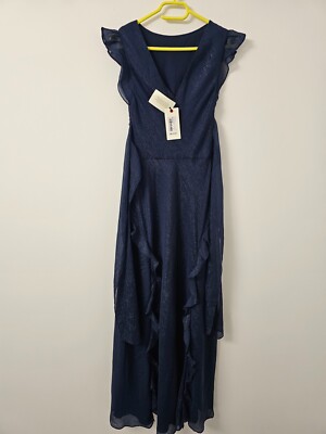 Ted Baker Maxi Dress Womens UK6 Navy Laurae Ruffle Bias Cut Sleeveless