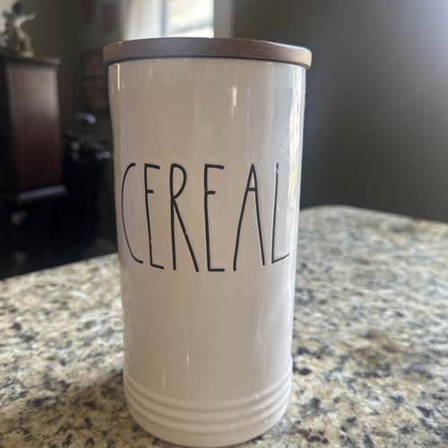 Rae Dunn Cereal Container Ceramic w Wood Sealed Cover White "Cereal" Artisan - Picture 9 of 9
