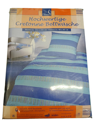 Dormia Cretonne Bettwäsche Set Blau Baumwolle gestreift 135x200 Kissen 80x80