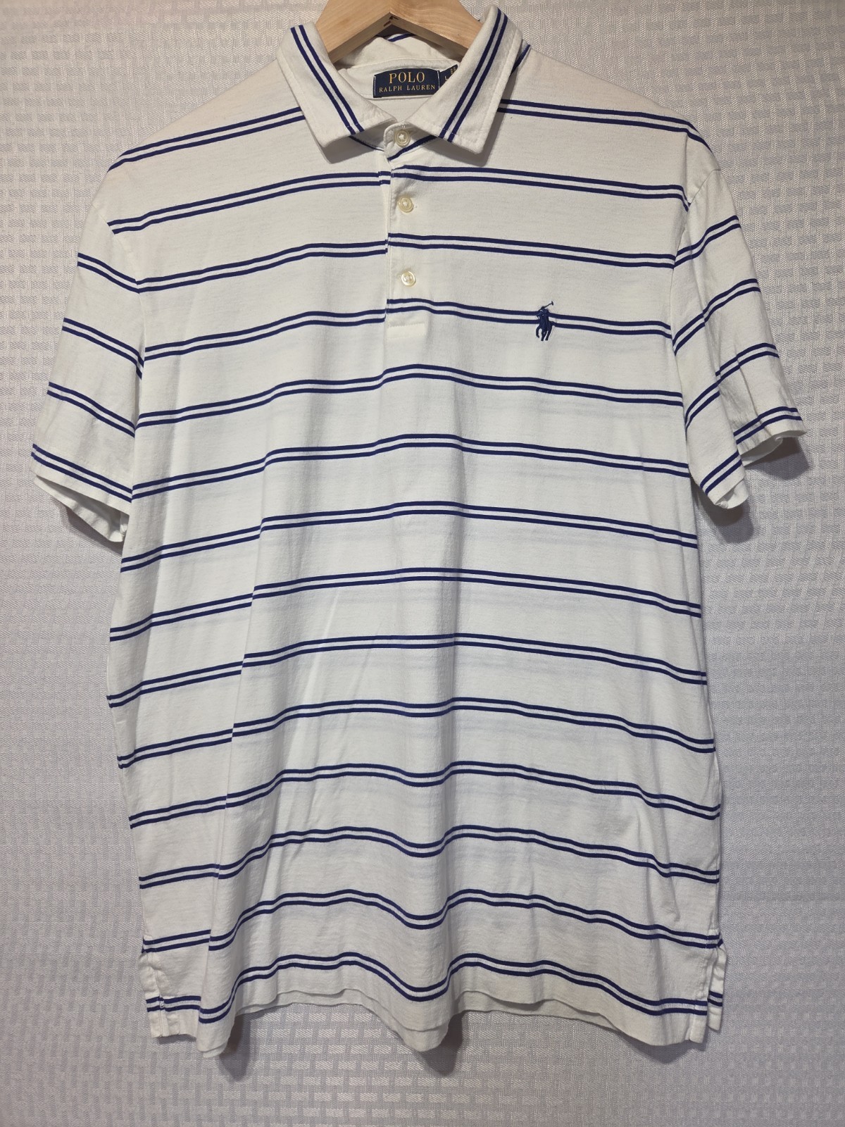 Polo Ralph Lauren Men’s Large Pima Cotton Striped Polo Shirt White Blue Classic