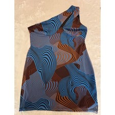 PrettyLittleThing One Shoulder Mesh Mini Dress Blue Brown Swirl Print Size 16