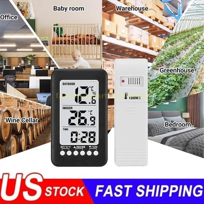 Indoor Outdoor Digital Thermometer Clock Temperature Meter Wireless Transmitter
