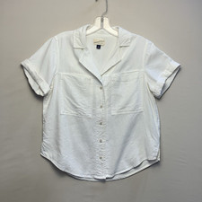Womens White Linen Short Sleeve Button-Up Shi...
