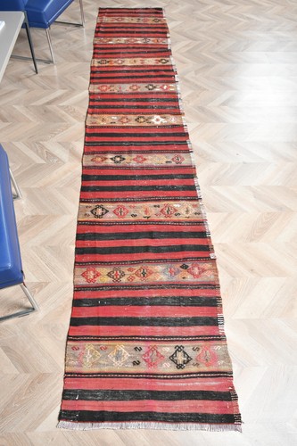 Turkish Kilim Rug 2x11,6 ft, Red Black Striped Wool Vintage Rug